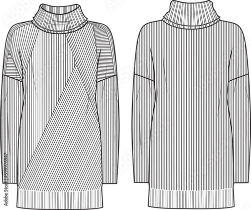 Women's Turtle Neck Rib Stitch Detail Knit Dress. Technical fashion illustration. Front and back, white color. Women's CAD mock-up.