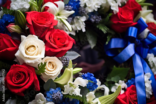 Handcrafted memorial wreath made of vibrant red roses, deep blue delphiniums, and white lilies, adorned with a delicate, flowing ribbon.
