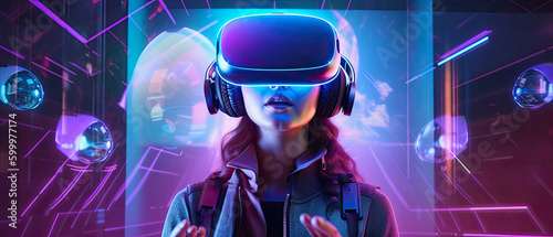 generative ai illustration of young woman with vr glasses in cyberspace