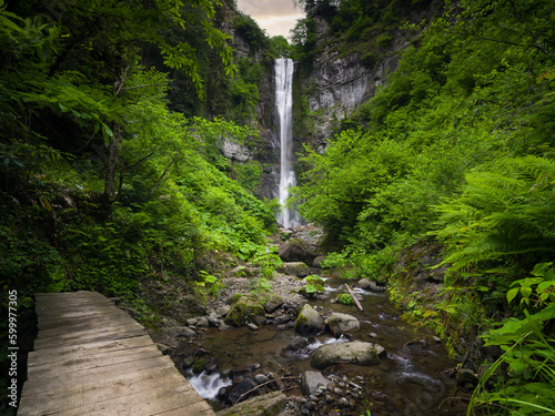 Fototapeta Naklejka Na Ścianę i Meble -  A beautiful forest waterfall and wooden pier on the stream. water and nature background