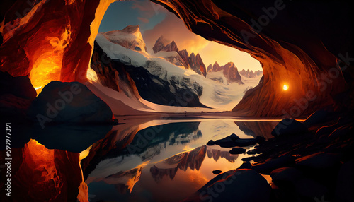 Marble Caves Patagonia With Reflections and Golden Red Sunset of Landscape Background AI Generative