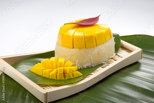 Suman - a sweet rice cake made coconut milk, served with mango on a banana leaf. generative AI Filipino dish, food from Philippines photo