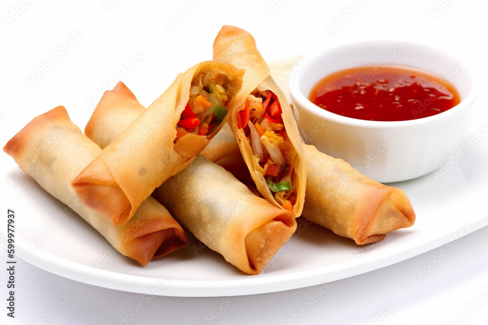 Lumpia spring roll filled with vegetables and meat, served with sweet