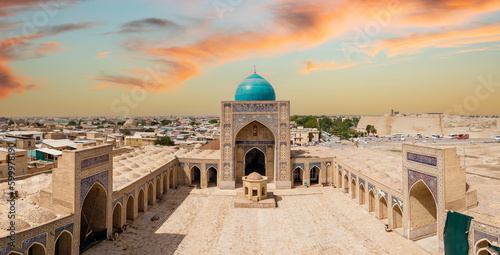 Buhara, Uzbekistan Aerial view of Mir-i-Arab Madrasa Kalyan minaret and Poi Kalyan Mosque. photo