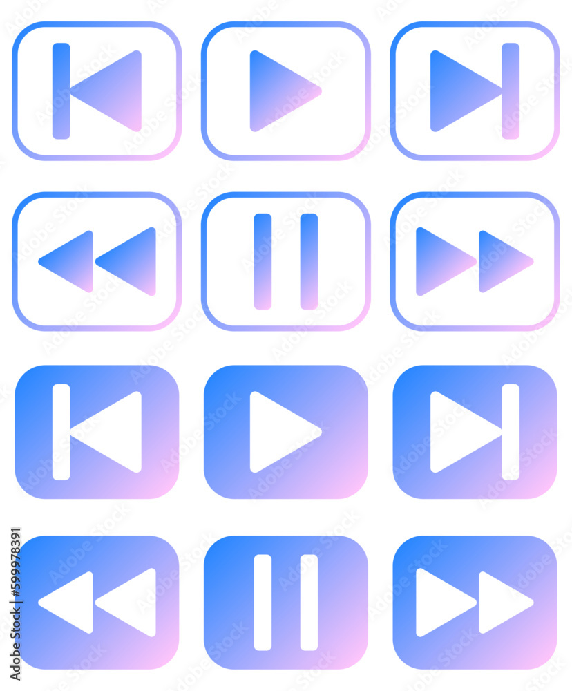 Gradient music player buttons. Media player buttons. Set of icons in a frame and in rounded squares. Vector icons for web Gradient music player buttons. Media player buttons. Set of icons in a frame and in rounded squares. Vector icons for web