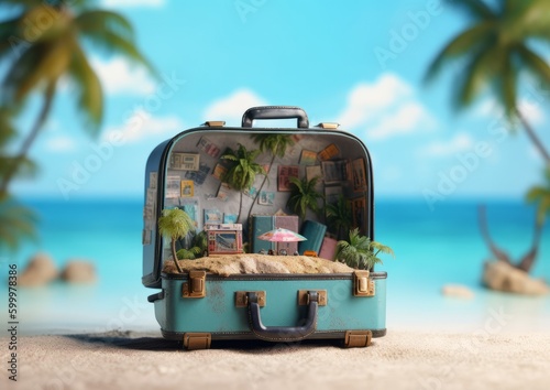 Open Suitcase with Beach-themed Items. Concept of vacation and travel. Generative AI. © ern