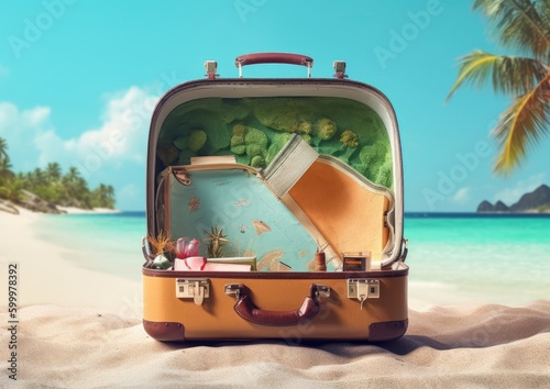 Open Suitcase with Beach-themed Items. Concept of vacation and travel. Generative AI. © ern