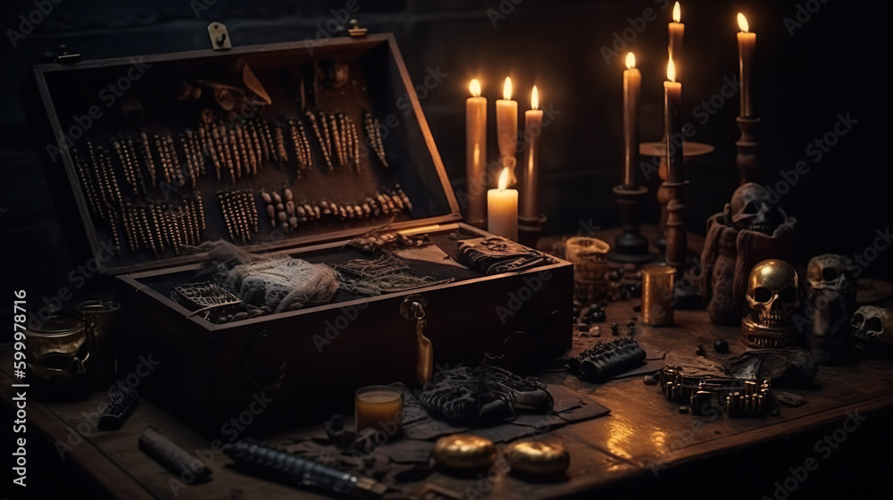 A wooden chest filled with jewelry and candles. Generative AI. Dark academia style, victorian style mansion interior design with wooden stairs.