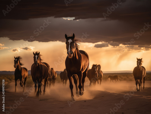 Horses free run on desert storm © Tatiana