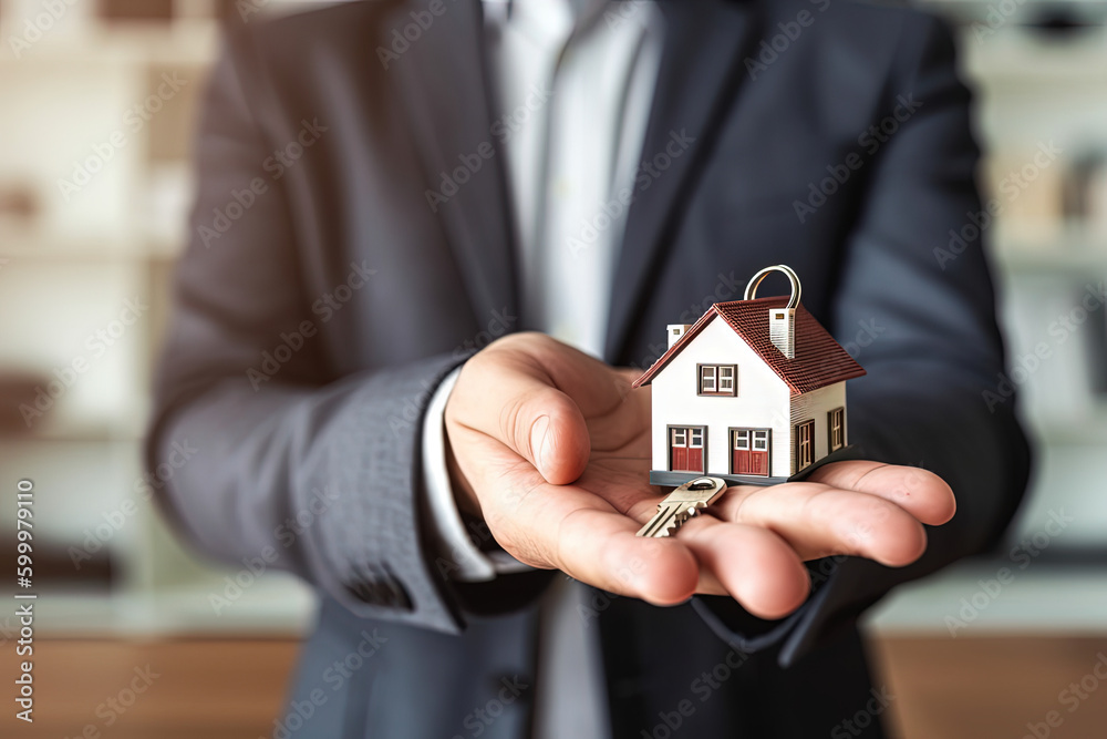 Real estate agent with keys and house mode. Home Insurance and Real estate investment. Mortgage, home loan concept. Generative AI Real estate agent with keys and house mode. Home Insurance and Real estate investment. Mortgage, home loan concept. Generative AI