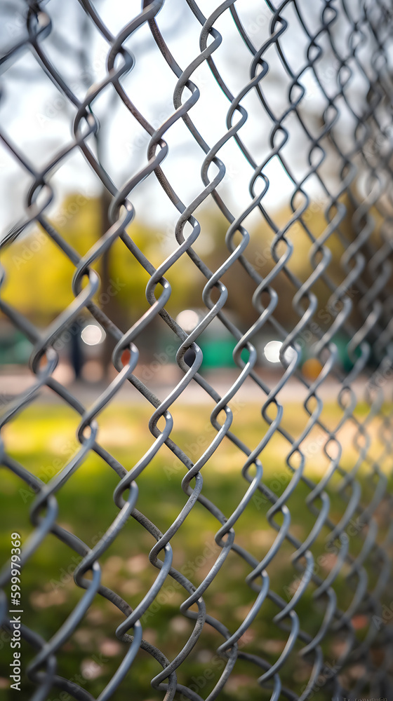 Fototapeta premium Chain link fence and grass closeup with blurred background.