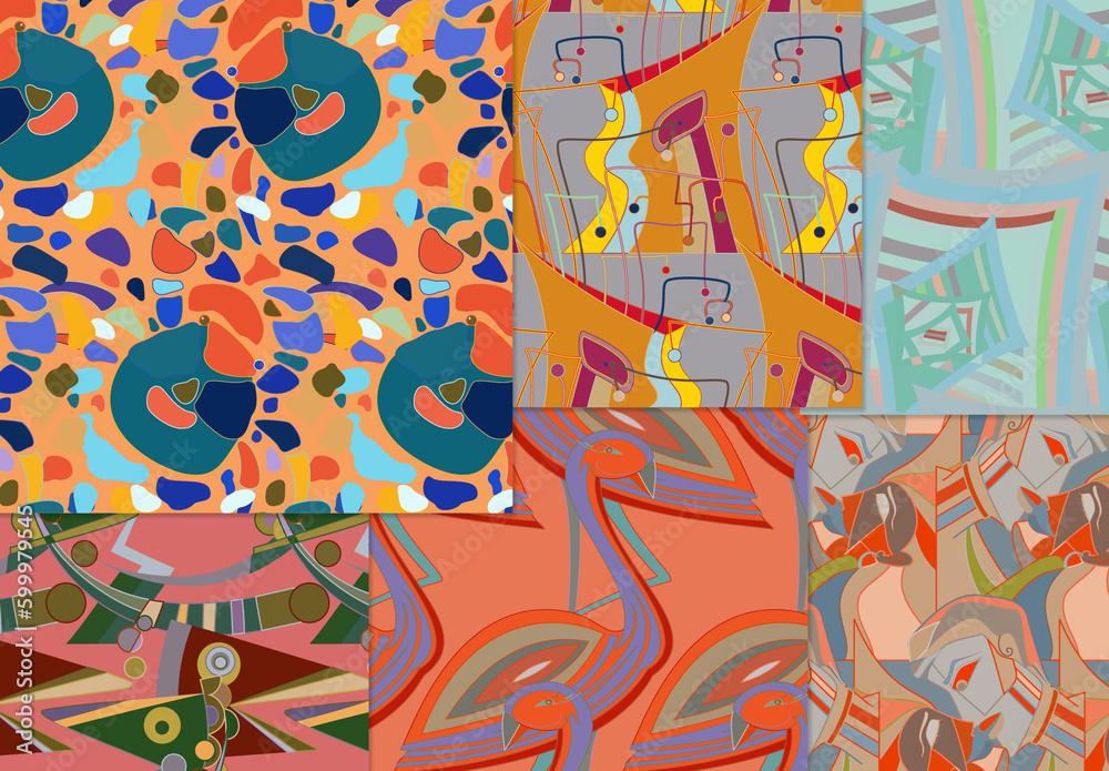 Set of Abstract Seamless Patterns with Cubism Art Elements and Graffiti ...