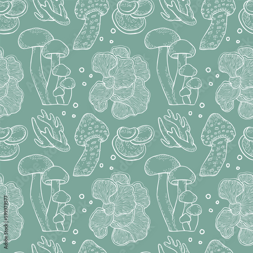 Mushrooms outline vector seamless pattern for textile, wrapping paper, wallpaper white on green background