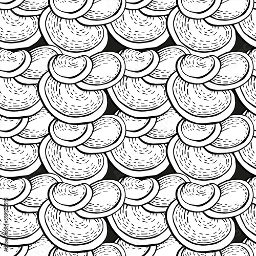 Mushrooms outline black and white vector seamless pattern for textile, wrapping paper, wallpaper