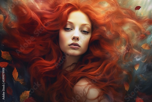 A stunning woman with red hair in whimsical appearance. Portrait of ginger girl. Autumn concept. Fall concept.  © Diana