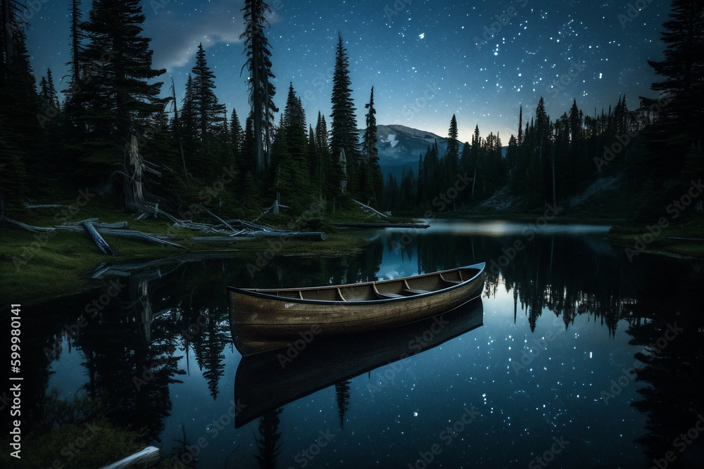 A serene lake reflects the stars above, Generative AI