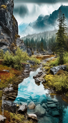 Mountain and Fogy Rain Forest Lake of Landscape Background AI Generative