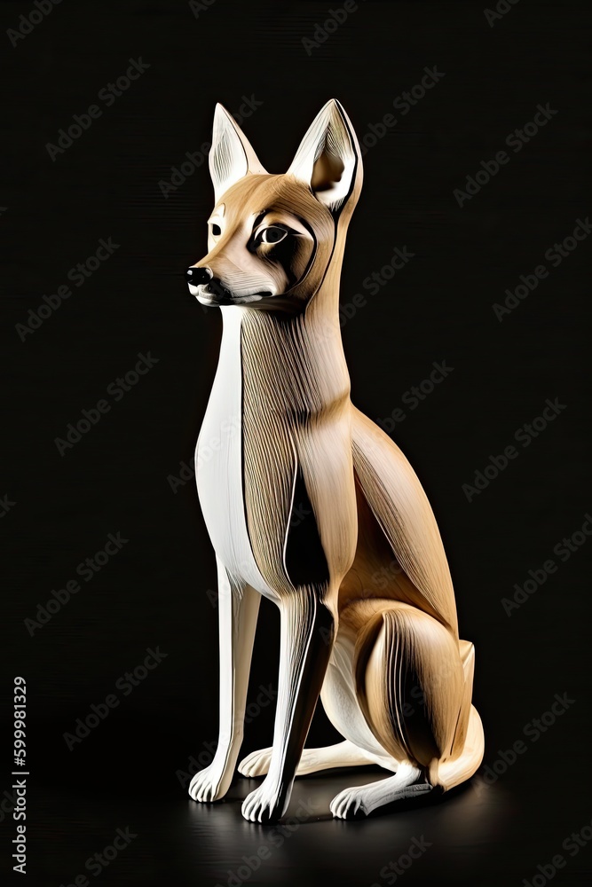 AI-generated illustration of a New Guinea Singing Dog sculpted in wood. MidJourney.