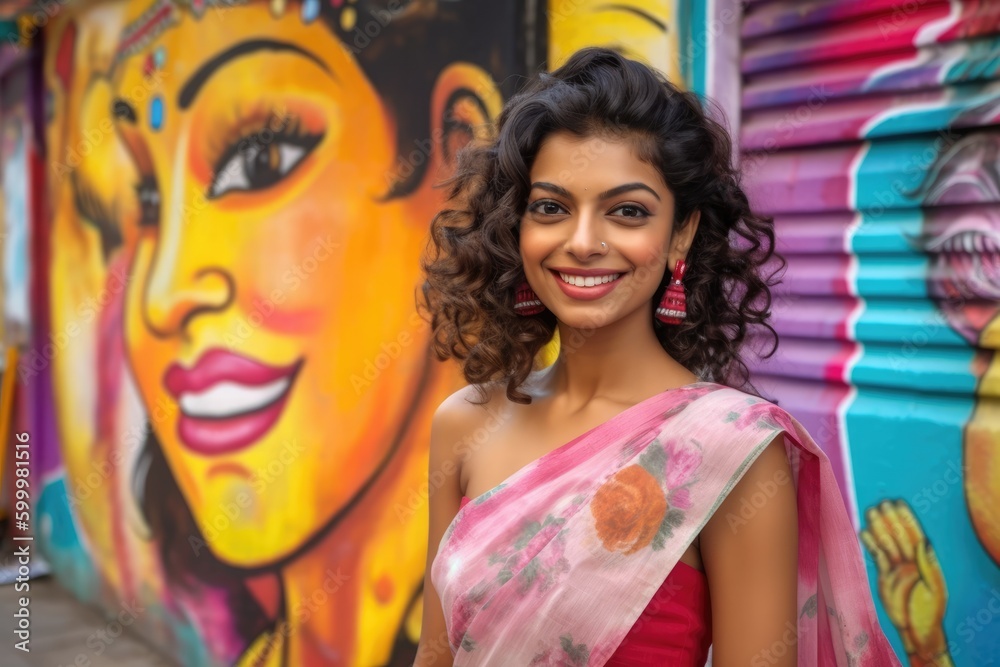 Smiling attractive Indian woman wearing a pink saree standing in the street with a colorful graffiti in the background. Generative AI Smiling attractive Indian woman wearing a pink saree standing in the street with a colorful graffiti in the background. Generative AI