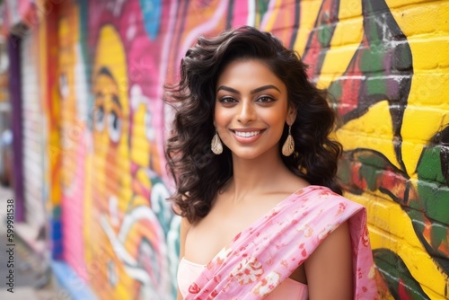 Smiling attractive Indian woman wearing a pink saree standing in the street with a colorful graffiti in the background. Generative AI 