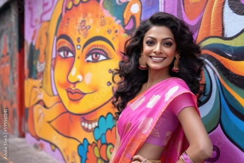 Smiling attractive Indian woman wearing a pink saree standing in the street with a colorful graffiti in the background. Generative AI  © Adriana