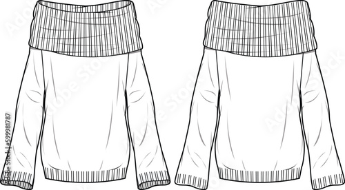 Women's Bardot, Off The Shoulder Sweater-Technical fashion illustration. Front and back, white colour. Women's CAD mock-up.