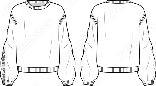 Women's Balloon Sleeve, Crew Neck Jumper. Technical fashion illustration. Front and back, white colour. Women's CAD mock-up.