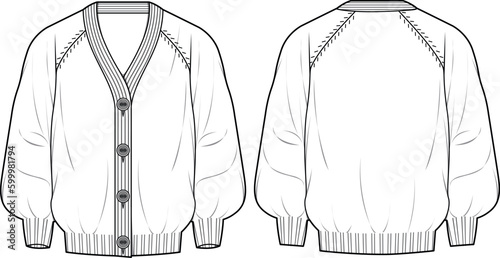 Unisex Balloon Sleeve Cardigan. Technical fashion illustration. Front and back, white colour. Unisex CAD mock-up.