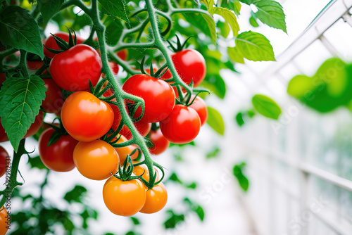 Ripe tomato plant growing in greenhouse. Generative ai.