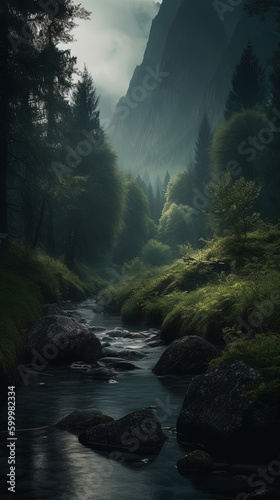Mountain and Fogy Rain Forest Lake of Landscape Background AI Generative