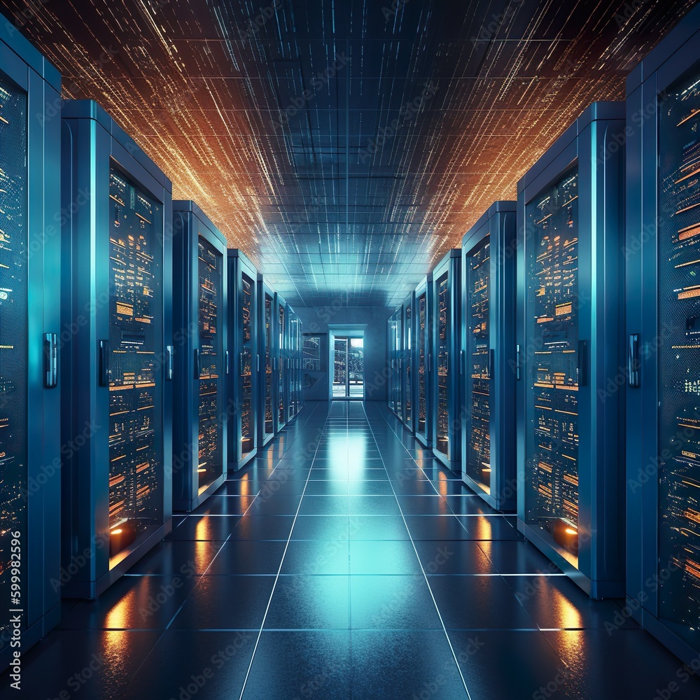 Working Data Center Full of Rack Servers and Modern