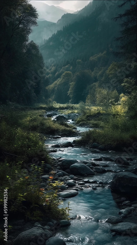 Mountain and Fogy Rain Forest Lake of Landscape Background AI Generative © Image Lounge