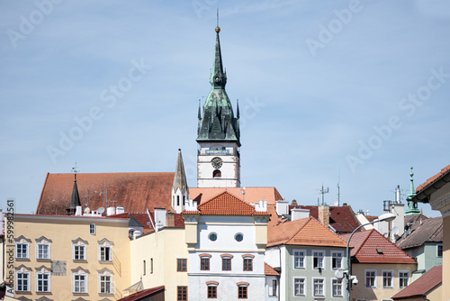 Jindrichuv Hradec town - Czechia, Europe. Tower with houses on foreground.