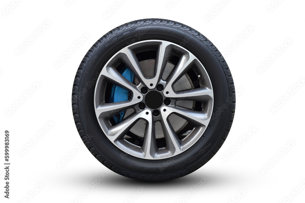 Clipping path. Silver Wheel super car isolated on white background view. close-up view. Luxury wheel. Movement. Magneto wheels.