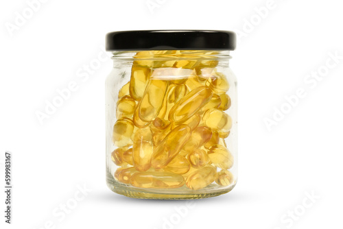 Clipping path. Fish oil in a glass bottle isolated on background. Supplementary food. Capsules salmon fish oil view. Omega 3. Vitamin E.