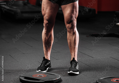 Trained legs with muscular calves in sneakers in training gym