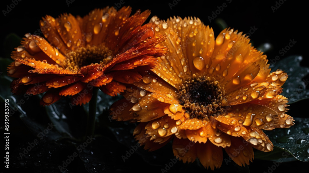 Background of Calendula or Pot Marigold with raindrops created with generative AI technology Background of Calendula or Pot Marigold with raindrops created with generative AI technology
