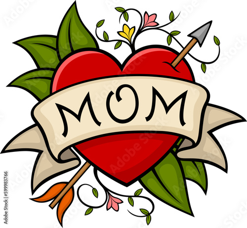 Vector illustration of a classic style "Mom" tattoo featuring a heart, scroll, leaves and floral elements.