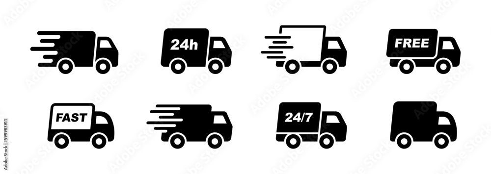 Delivery Truck icon set. Express delivery trucks icons. Fast shipping truck. Free delivery 24 hours. Logistic trucking sign. Vector illustration. - obrazy, fototapety, plakaty 