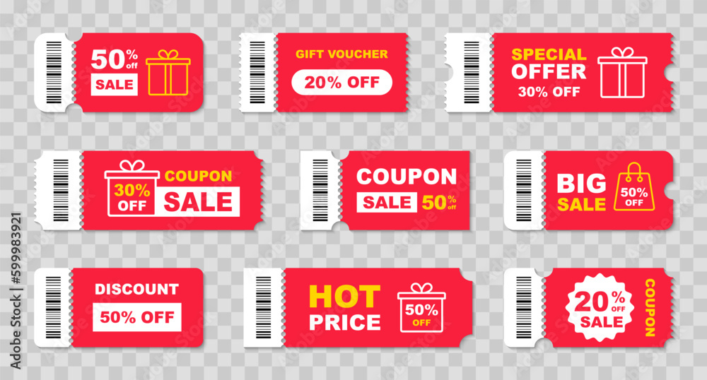 Coupon ticket set. Discount coupon. Gift voucher. Discount card with 20, 30, 50 percent discount. Sale coupon with big sale, hot price, best seller etc. Vector illustration. - obrazy, fototapety, plakaty 
