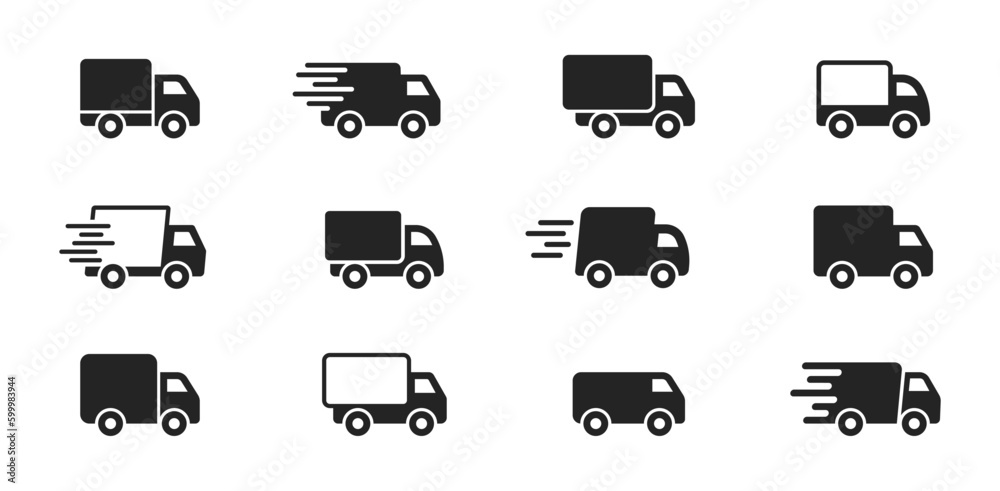 © TMvectorart - Delivery Truck icon set. Express delivery trucks icons. Fast shipping truck. Free delivery 24 hours. Logistic trucking sign. Vector illustration.