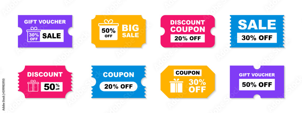 Obraz Coupon ticket set. Discount coupon. Gift voucher. Discount card with 20, 30, 50 percent discount. Sale coupon with big sale, hot price, best seller etc. Vector illustration. fototapeta, plakat