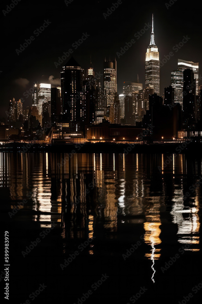 night cityscape in the distance with bright lighting over the water. reflection in the water. vertical frame.Generative AI