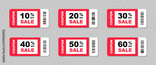 Coupon ticket set. Discount coupon. Gift voucher. Discount card with 20, 30, 50 percent discount. Sale coupon with big sale, hot price, best seller etc. Vector illustration.