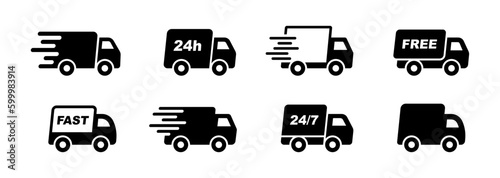 Delivery Truck icon set. Express delivery trucks icons. Fast shipping truck. Free delivery 24 hours. Logistic trucking sign. Vector illustration.