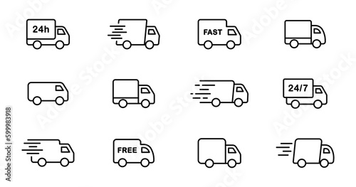 Delivery truck line icon set. Express delivery trucks icons. Fast shipping truck. Free delivery 24 hours. Logistic trucking sign. Vector illustration. photo