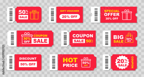 Coupon ticket set. Discount coupon. Gift voucher. Discount card with 20, 30, 50 percent discount. Sale coupon with big sale, hot price, best seller etc. Vector illustration.