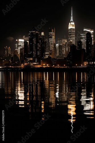 night cityscape in the distance with bright lighting over the water. reflection in the water. vertical frame.Generative AI