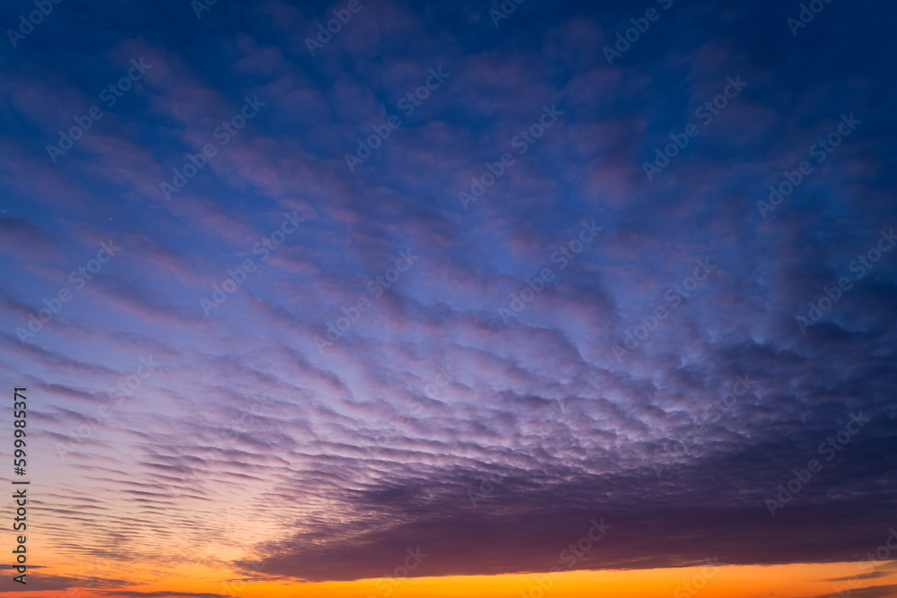 Sky with clouds during sunset. Clouds and blue sky. A high resolution photograph. Panoramic photo for design and background.