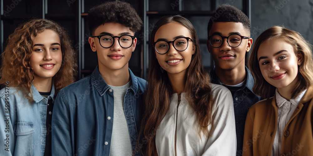 Fototapeta premium Portrait of multiracial friends smiling looking at camera. Generative AI.